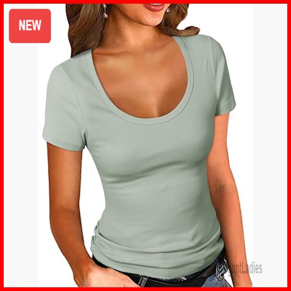Ribbed Scoop Neck Short Sleeve Fitted T-Shirt Summer Tops